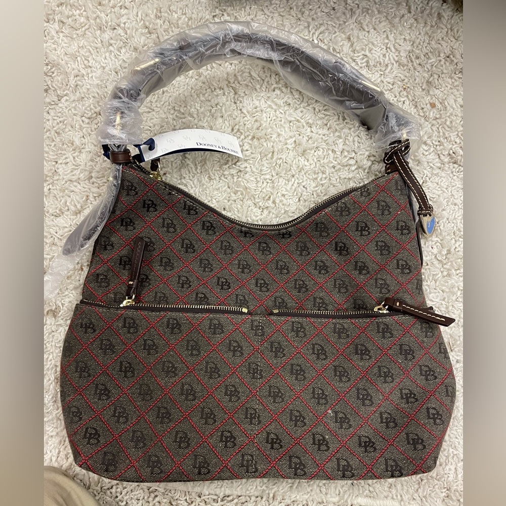 Dooney & Bourke Vintage Monogrammed Grey Red Canvas Shoulder Bucket Purse NWT